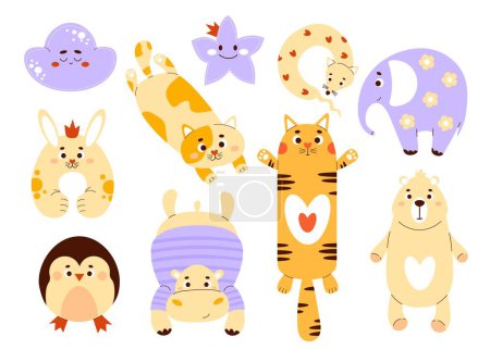 Ilustración de Lindos juguetes de peluche animal. Almohadas de juguete de gran tamaño suaves y antiestrés: gato, peluche de oso, elefante, pingüino, hipopótamo y almohada de cuello de conejo. Ilustraciones vectoriales aisladas en estilo plano - Imagen libre de derechos