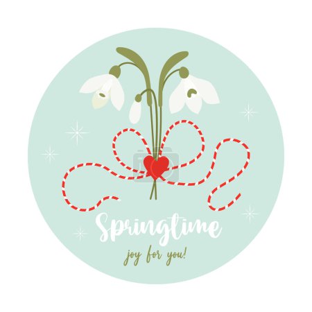 Martisor. Springtime. Traditional holiday red and white accessory Martenitsa with bouquet of snowdrop flowers. Symbol for spring beginning. 1 March. Vector illustration in flat style
