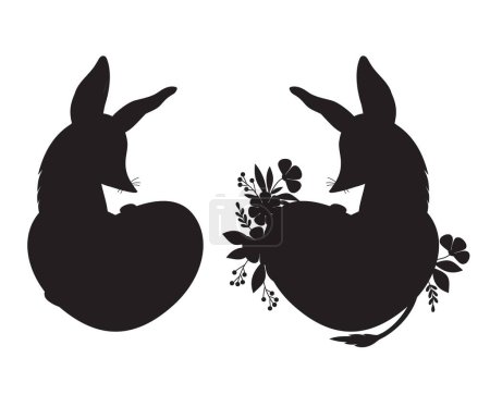 Téléchargez les illustrations : Collection de silhouette noire dessin animal australien bilby avec coeur et fleurs. Personnage amoureux de Valentin. Dessin à la main vectoriel isolé - en licence libre de droit
