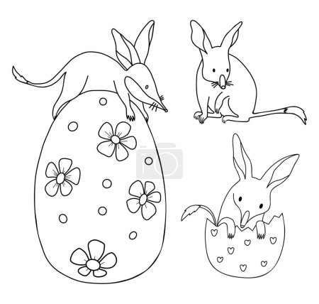 Ilustración de Colección de bilbies de animales australianos con huevo de Pascua. Dibujos lineales aislados, libro para colorear. Ilustración vectorial - Imagen libre de derechos