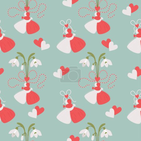 Seamless pattern spring holiday Martisor. Martenitsa Red and white romantic couple talisman accessory on green background with snowdrop flowers. Vector illustration