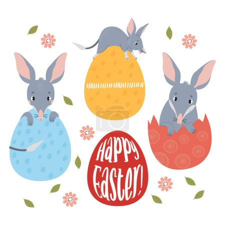 Collection Easter bilbies with Easter eggs. Australian cute animal character. Vector illustration in flat cartoon style