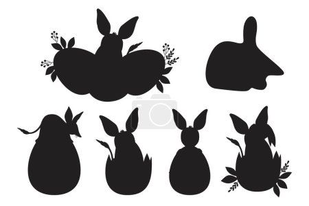 Collection silhouette drawing Australian animal bilby with Easter eggs. Isolated black  hand drawing for festive paschal design and decor. Vector illustration