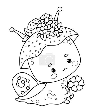 Nettes Schneckenmädchen mit Hut und Blumen. Lustige Insekt kawaii Charakter. Linienzeichnung, Malbuch. Kinderkollektion. Vektorillustration