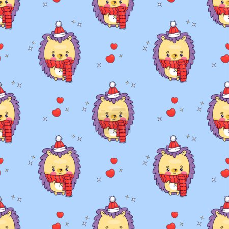 Seamless pattern with cute winter hedgehog character in scarf and hat on blue background. Vector illustration with funny cartoon kawaii animals. Kids collection