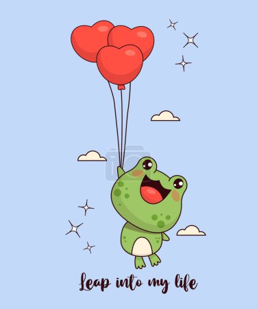 Mignon en amour grenouille avec des ballons coeurs. Humour romantique animal kawaii caractère. Illustration vectorielle. Carte cool avec slogan drôle