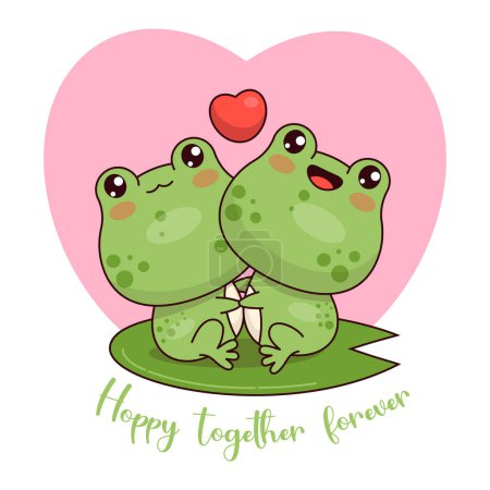 Joli couple de grenouilles amoureux du c?ur. Humour animal kawaii caractère. Illustration vectorielle. Carte fraîche valentine avec slogan romantique