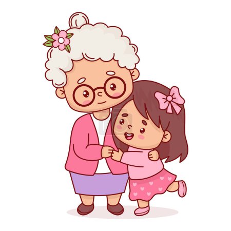 Mignonne vieille grand-mère avec fille petite-fille. Illustration vectorielle dessin animé style plat. Caractère féminin de vacances heureux positif 