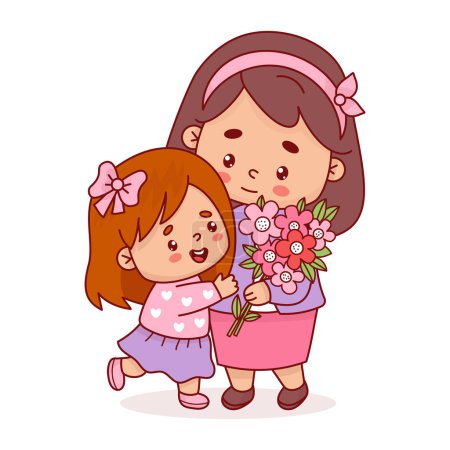 Cute woman with little daughter and bouquet of flowers. Vector illustration flat cartoon style kawaii. Positive holiday female character for birthday, Women's Day, Mother's Day design.