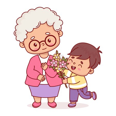 Glückliche ältere Großmutter mit Enkelkind mit Blumenstrauß. Vector Illustration Cartoon flachen Stil. Positiver Urlaubscharakter für Urlaubsgestaltung Frauen-, Mutter- und Oma-Tag.