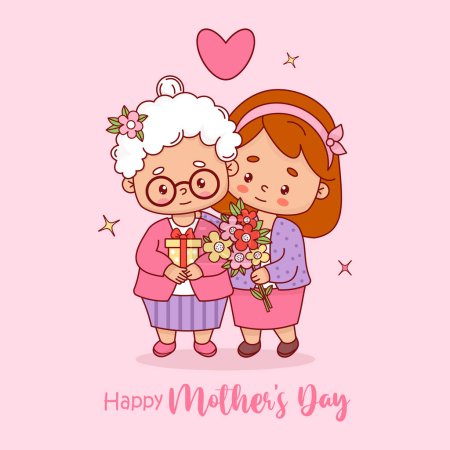 Cute festive elderly woman mother with adult daughter with bouquet of flowers and gift. Mother's Day card. Vector illustration flat cartoon style. Positive holiday female character.