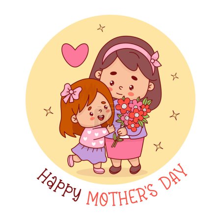 Cute woman with little girl daughter and bouquet of flowers. Mother's Day postcard. Vector illustration flat cartoon style. Positive holiday female character.