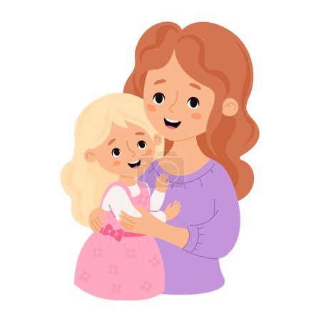 Cute woman with with my blonde daughter. Vector illustration flat cartoon style. Happy holiday female character for birthday, Womens Day, Mothers Day design