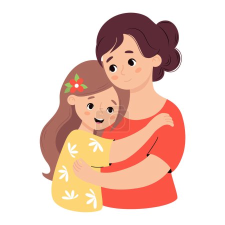 Die süße Mutter umarmt ihre Tochter zärtlich. Vector Illustration flachen Cartoon-Stil. Glückliche weibliche Figur.