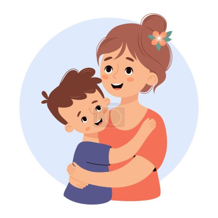 Cute mother hugs her son boy. Vector illustration flat cartoon style. Happy character family.