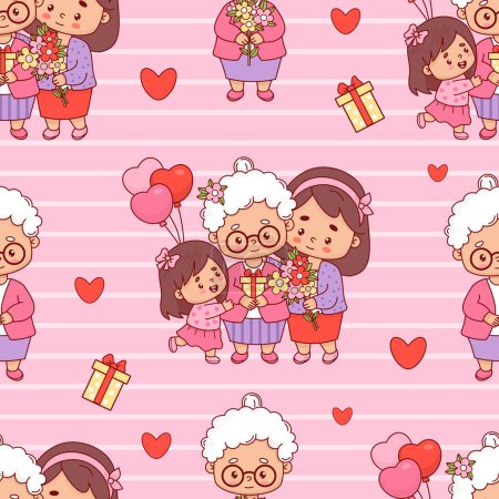 Nahtloses Muster mit süßer Großmutter mit erwachsener Tochter und kleiner Enkelin auf rosa Hintergrund. Festliche Charaktere weibliche Generation. Muttertag. Vektorillustration im Cartoon-Flach-Stil