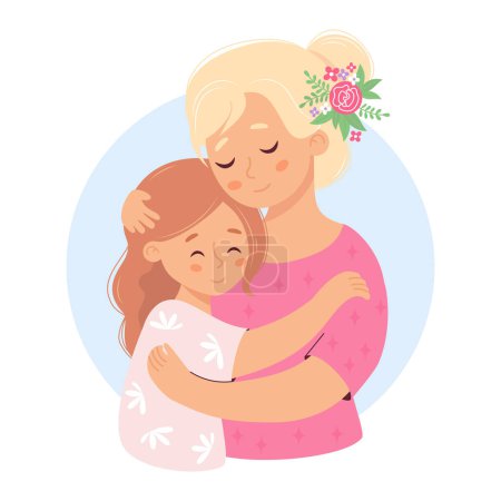 Happy blonde woman mother hugs her daughter. Vector illustration flat cartoon style. Cute holiday female character.