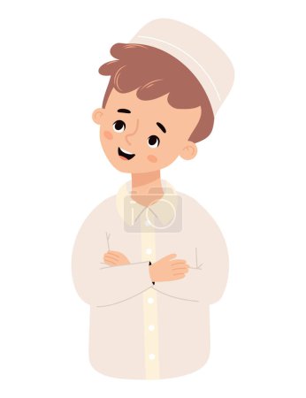 Illustration for Cute islamic boy child. Happy muslim ethnic character. Vector illustration in cartoon flat style. - Royalty Free Image