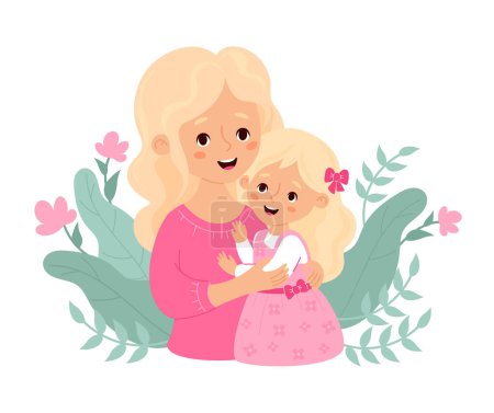 Cute woman blonde with baby daughter. Vector illustration flat cartoon style. Happy holiday female character for birthday, Womens Day, Mothers Day design