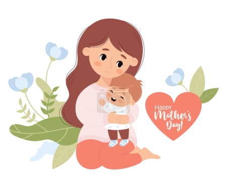 Cute mother with her smiling little son. Holiday postcard happy Mothers day. Vector illustration in flat cartoon style.