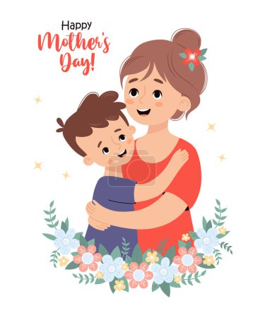 Cute woman mother with her smiling son. Holiday postcard happy Mothers day. Vector illustration in flat cartoon style.