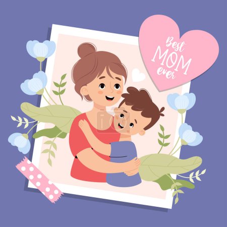Cute photograph from happy woman mother with her son. Holiday postcard Mother's confession and congratulations. Vector illustration in flat cartoon style.