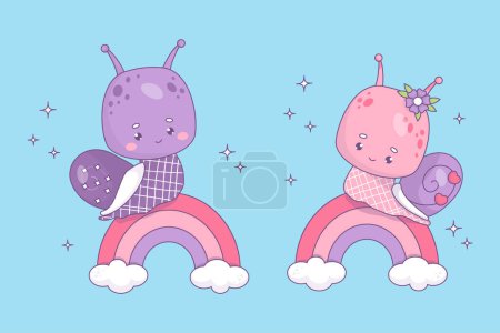 Lindos caracoles chica y chico en arco iris. Aislado feliz divertido personaje kawaii insecto. Ilustración vectorial. Colección niños