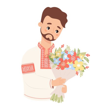 Ukrainian bearded man in traditional national clothes, embroidered shirt with bouquet flowers. Cute male character for design festive themes of birthday, father's day. Vector illustration.