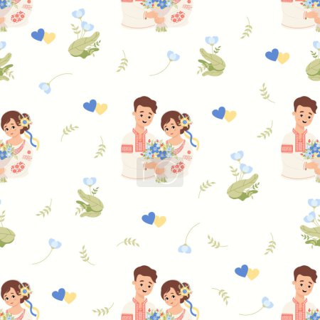seamless pattern. Cute Ukrainian people. Cute couple man and woman in traditional national embroidered clothes on white background with flowers and yellow-blue hearts. Vector illustration.
