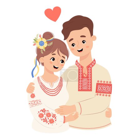 Glückliches ukrainisches Volk. Netter Mann und Frau in traditioneller bestickter Kleidung vyshyvanka. Vektorillustration. Liebendes Paar von Charakteren der ukrainischen Nation