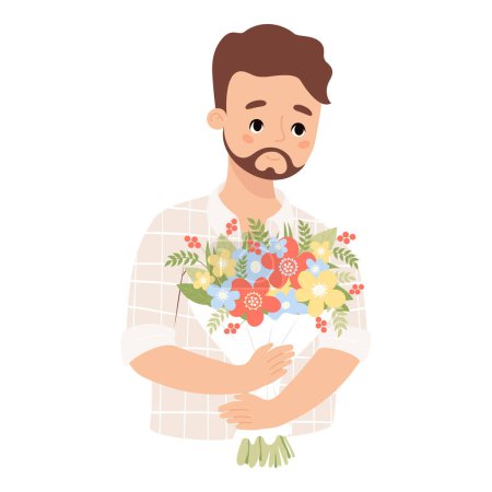 Illustration for Cute fair-skinned bearded man with bouquet of flowers. Festive male character. Vector illustration - Royalty Free Image