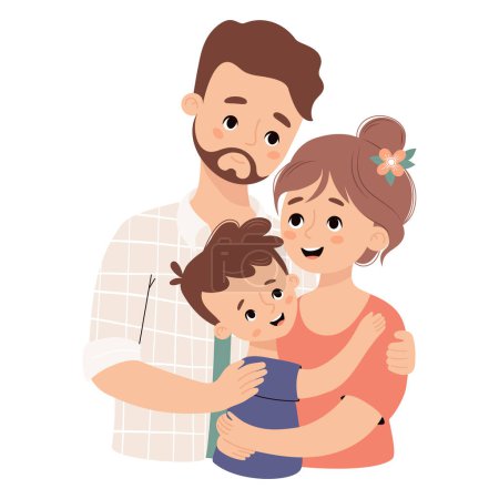 Glückliche Familie. Netter bärtiger Mann Vater umarmt zärtlich seine Frau und seinen Sohn. Vektorillustration.