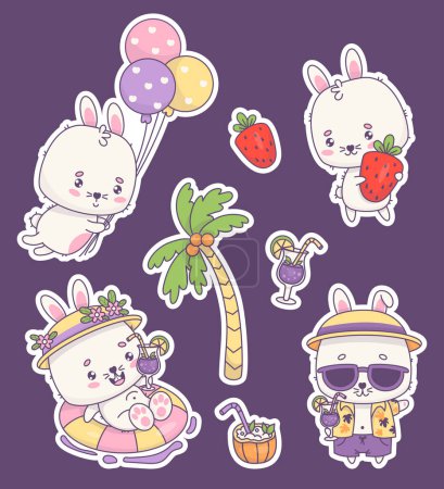 Cute vacationing happy rabbit stickers. Funny bunny with balloons and strawberries, beach boy with tropical cocktail and girl on swimming rubber ring. Isolated vector kawaii animal characters.
