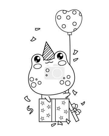 Joyeux anniversaire grenouille avec ballon dans boîte cadeau. Mignon personnage de dessin animé animal contour. Dessin au trait, livre à colorier. Illustration vectorielle. Collection enfants