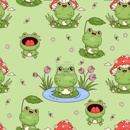 Seamless pattern with funny frogs on green background. Cute kawaii animal character. Vector illustration. Kids collection