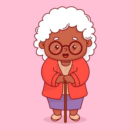 Happy black grandmother. Cute ethnic elderly woman with stick. Vector illustration. Positive cartoon female character grandma lady.