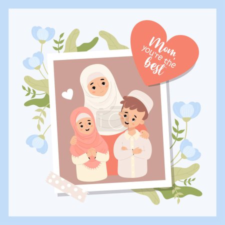 Linda familia islámica de vacaciones. Foto de la feliz mujer musulmana madre con sus hijos hijo e hija con flores. La confesión de mamá y felicitaciones. Ilustración vectorial en estilo plano de dibujos animados