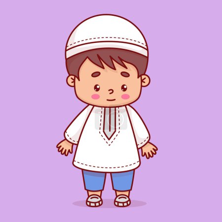 Illustration for Cute Islamic boy child in traditional clothes. Happy cartoon muslim ethnic character. Vector illustration . - Royalty Free Image