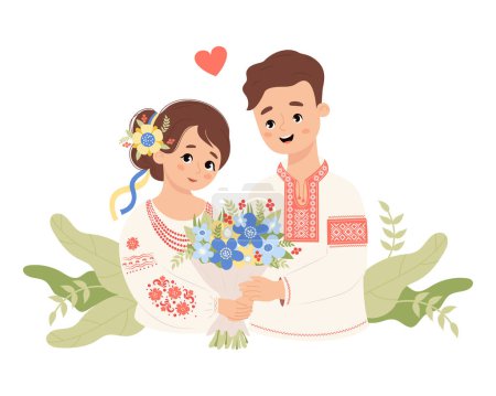Happy Ukrainian enamored couple. Cute man and woman in traditional embroidered clothes with bouquet flowers. Vector illustration in flat style for holiday design.