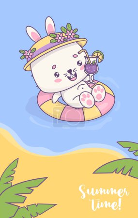 Happy bunny girl with cocktail swims on rubber circle under tropical palm leaves. Funny kawaii animal character. Vector illustration. Summer time vertical postcard