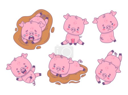 Niedliche Schweinesammlung. Lächelndes, glückliches und unglücklich weinendes Schweinchen in einer schmutzigen Wasserpfütze. Vereinzelte lustige Comic-Kawaii-Tierfigur. Vektorillustration. Kinderkollektion
