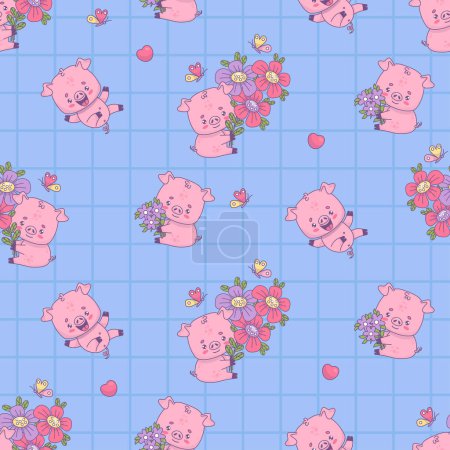 Seamless pattern with cute pigs. Smiling piggy with bouquet flowers on blue checkered background with butterflies and hearts. Festive funny kawaii animal character. Vector illustration