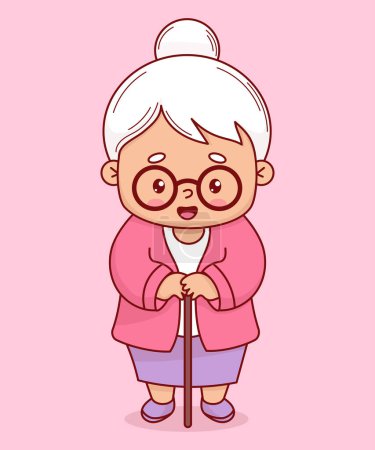 Happy grandmother. Cute elderly woman with stick. Vector illustration. Positive cartoon female character grandma lady.