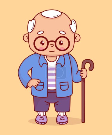 Happy grandfather. Cute elderly gray-haired man with glasses with stick. Vector illustration. Positive cartoon male character 