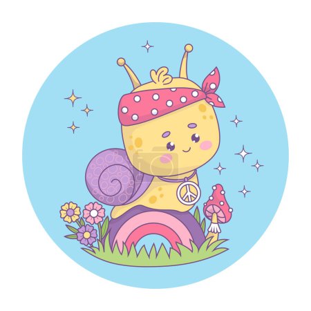 Funny retro groovy snail hippy character. Comic cute insect kawaii with peace sign on rainbow. Cool vector illustration in trendy 70s style 