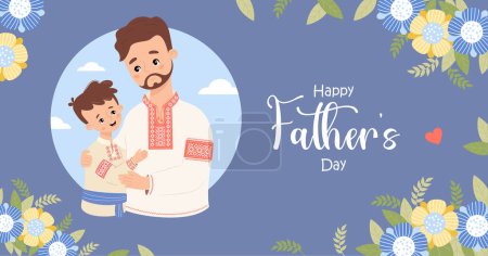 Happy Fathers Day banner. Ukrainian man dad with son in traditional clothes embroidered shirt on blue background with yellow-blue flowers. Horizontal template festive poster. Vector illustration.
