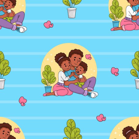 Seamless pattern with happy black family. Cute ethnic sitting mother and father with child son on blue striped background. Vector illustration in colored hand drawn doodle style.