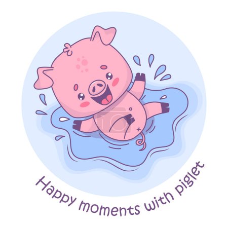 Feliz cerdo sonriente salpicando en un charco de agua. Ilustración vectorial. Tarjeta con caricatura personaje animal kawaii. Colección niños
