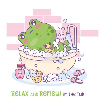 Lustig entspannter Frosch badet in Badewanne mit Schaumstoff und Gummienten-Spielzeug. Niedliche Karikatur kawaii Tierfigur wäscht und ruht im Badezimmer. Vektorillustration. Kinderkollektion