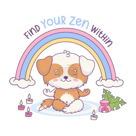 Netter Cartoon-Hund meditiert unter Regenbogen mit Kerzen, Duftlampe und Pflanze. Lustiges Kawaii-Charaktertier. Vektorillustration. Coole Karte mit Phrase Finden Sie Ihr Zen im Inneren